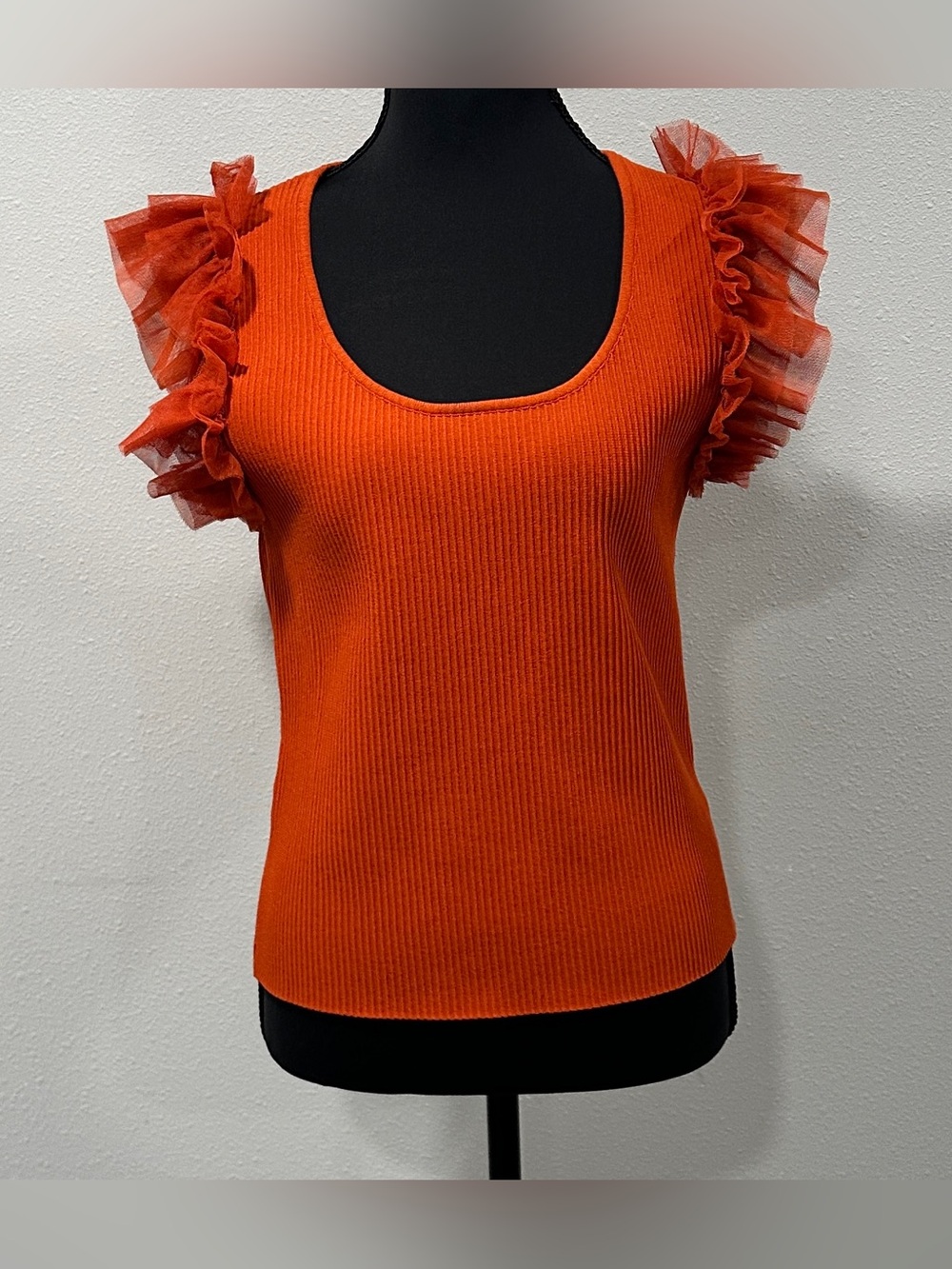 Bailey 44 - Woman’s Bright Orange Crewneck Sweater with Tull Cap Sleeves
